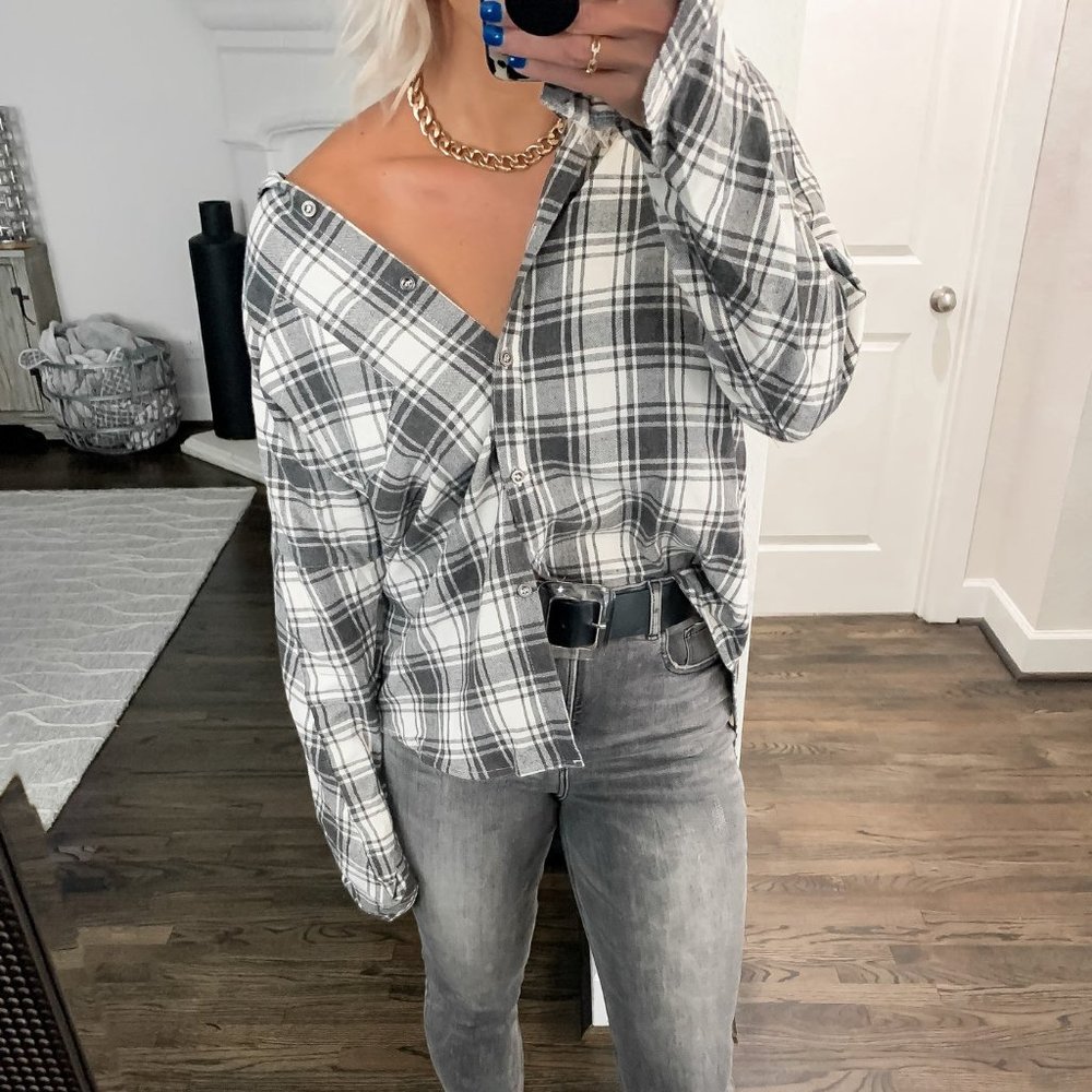 Grey & Cream Plaid Button Down Flannel - Size Small